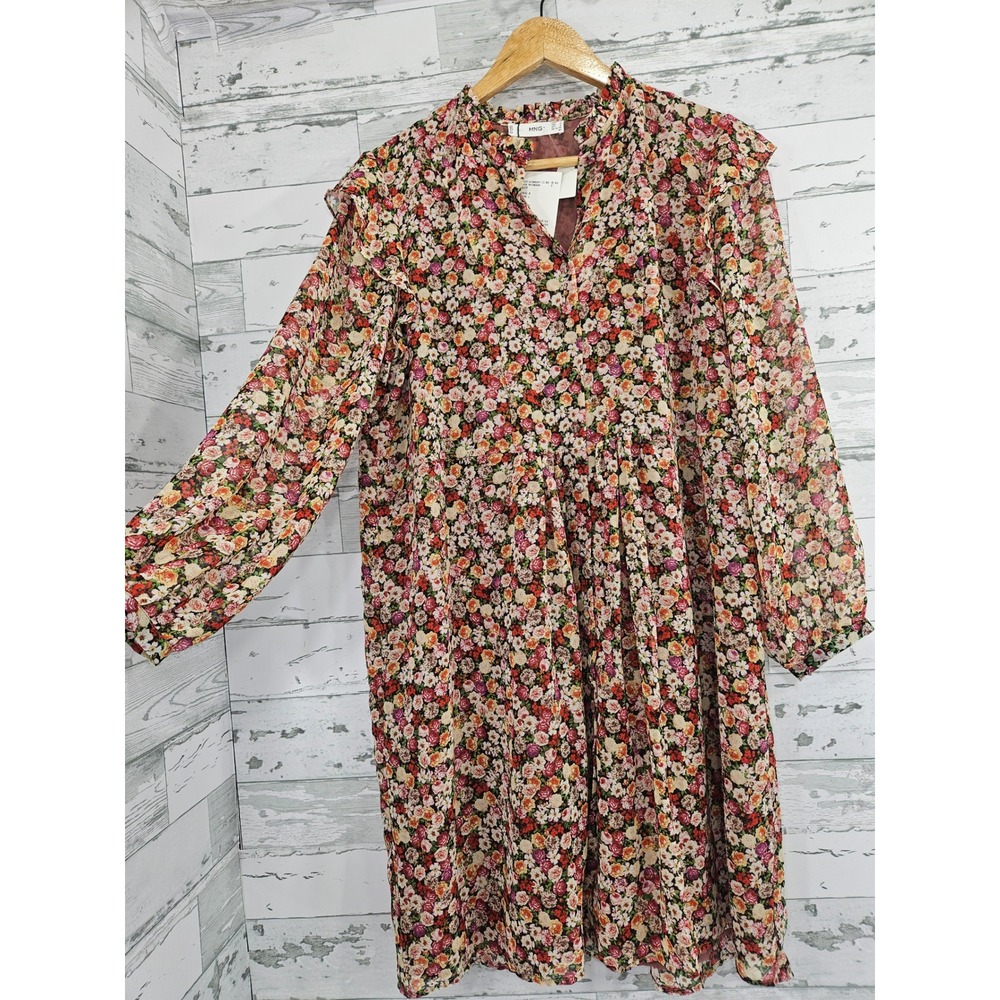 Mango MNG Floral Ruffle Neck Mini Dress Multicolor Long Sleeve Size 8 L New